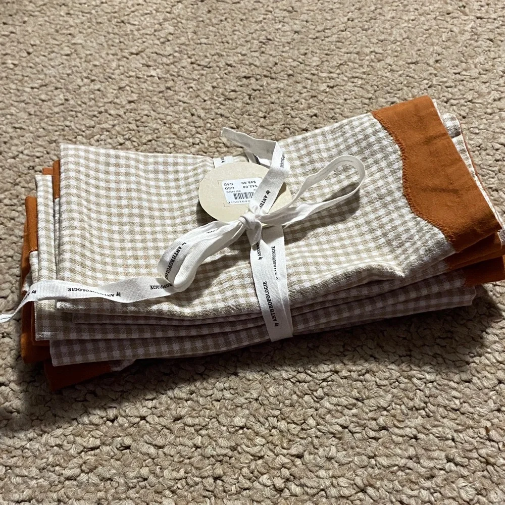 Anthropology cloth 18x18 size napkins burnt orange border , checkered inside NWT